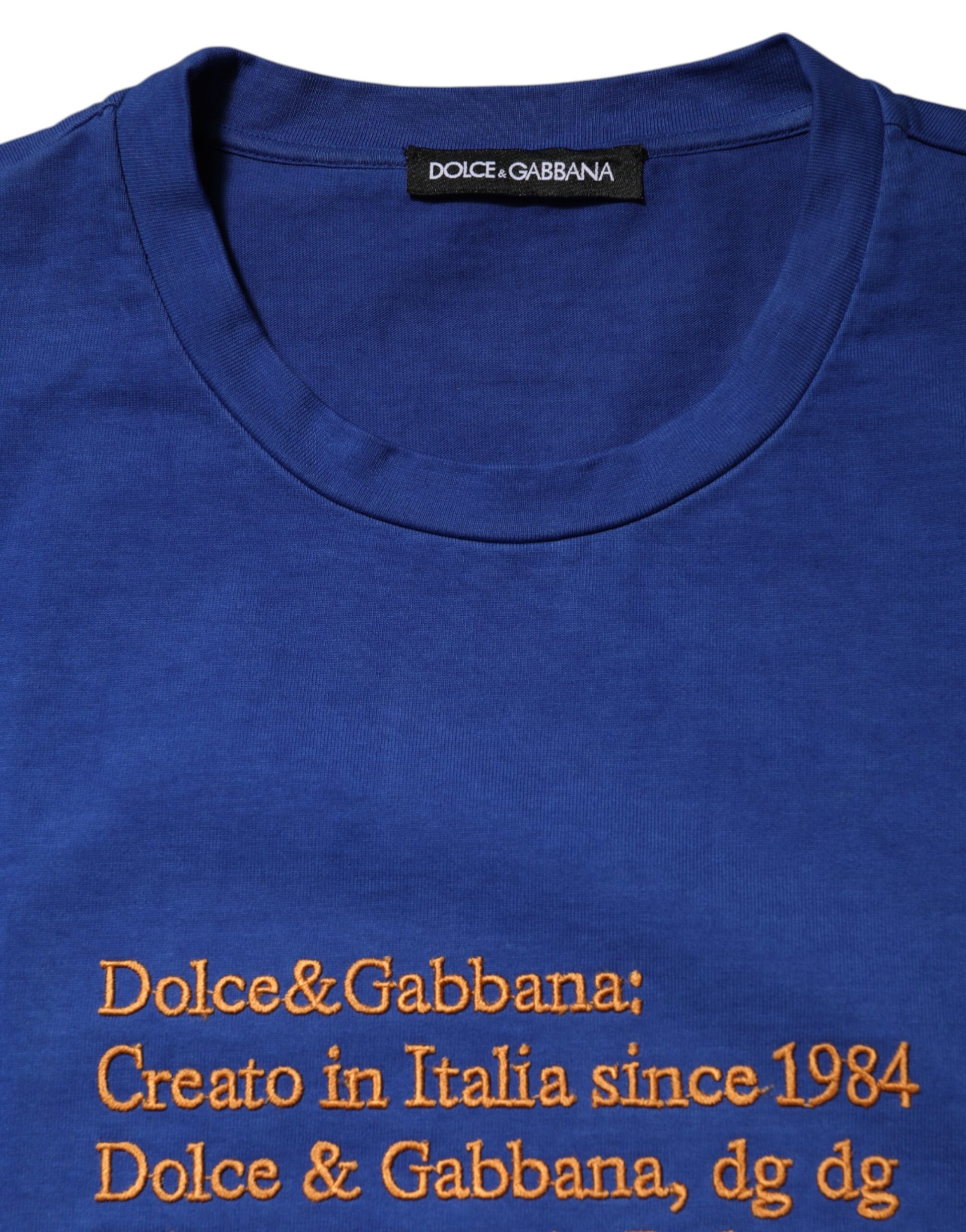 Blue t-shirt with orange text