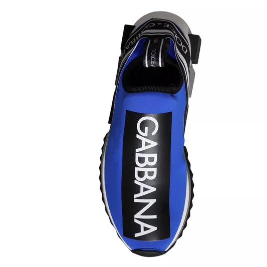 Blue and white shoe with a logo on it