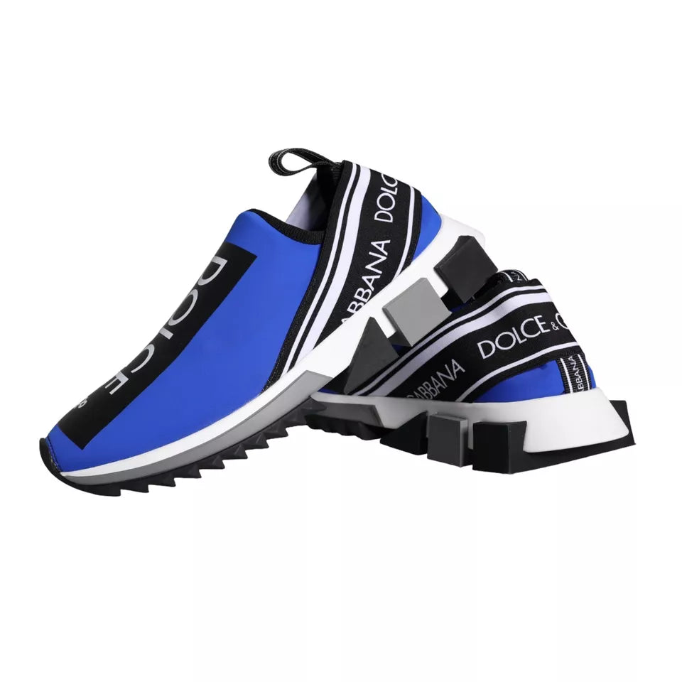 Blue and white sneaker with brand name on side