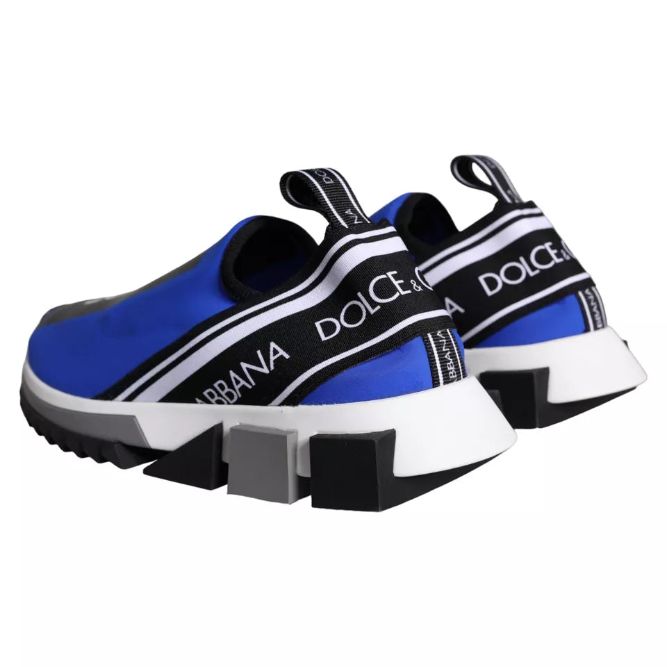 Pair of blue and white sneakers with brand logos on side