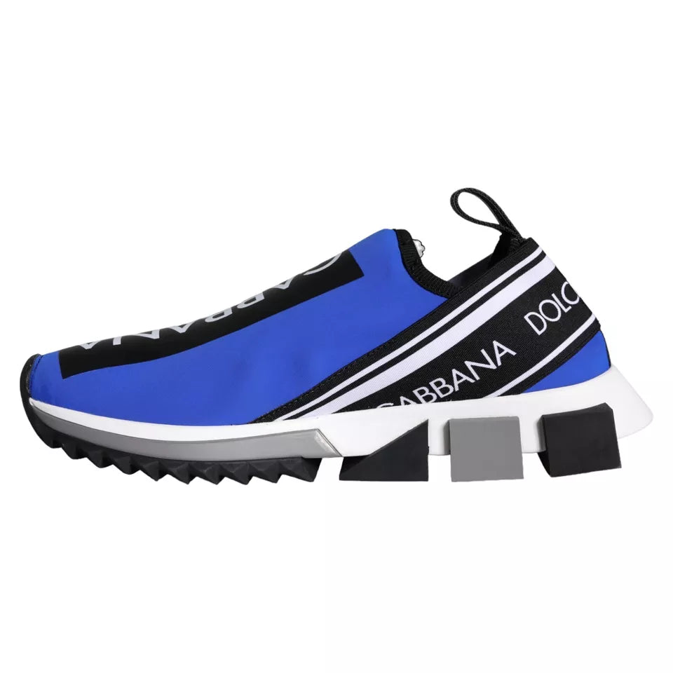 Blue and white sneakers with a logo on the side