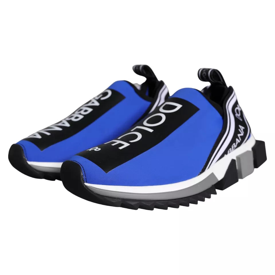 Blue and white sneakers with a logo on the side