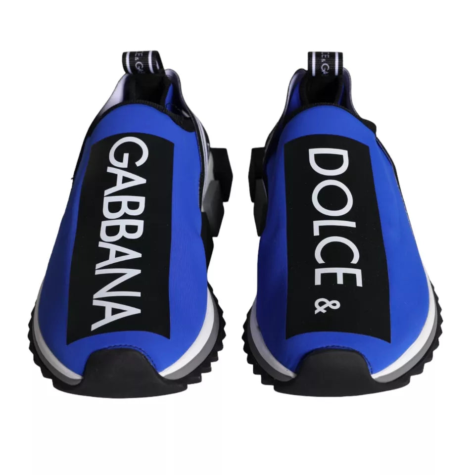 Pair of blue sneakers with white branding and text