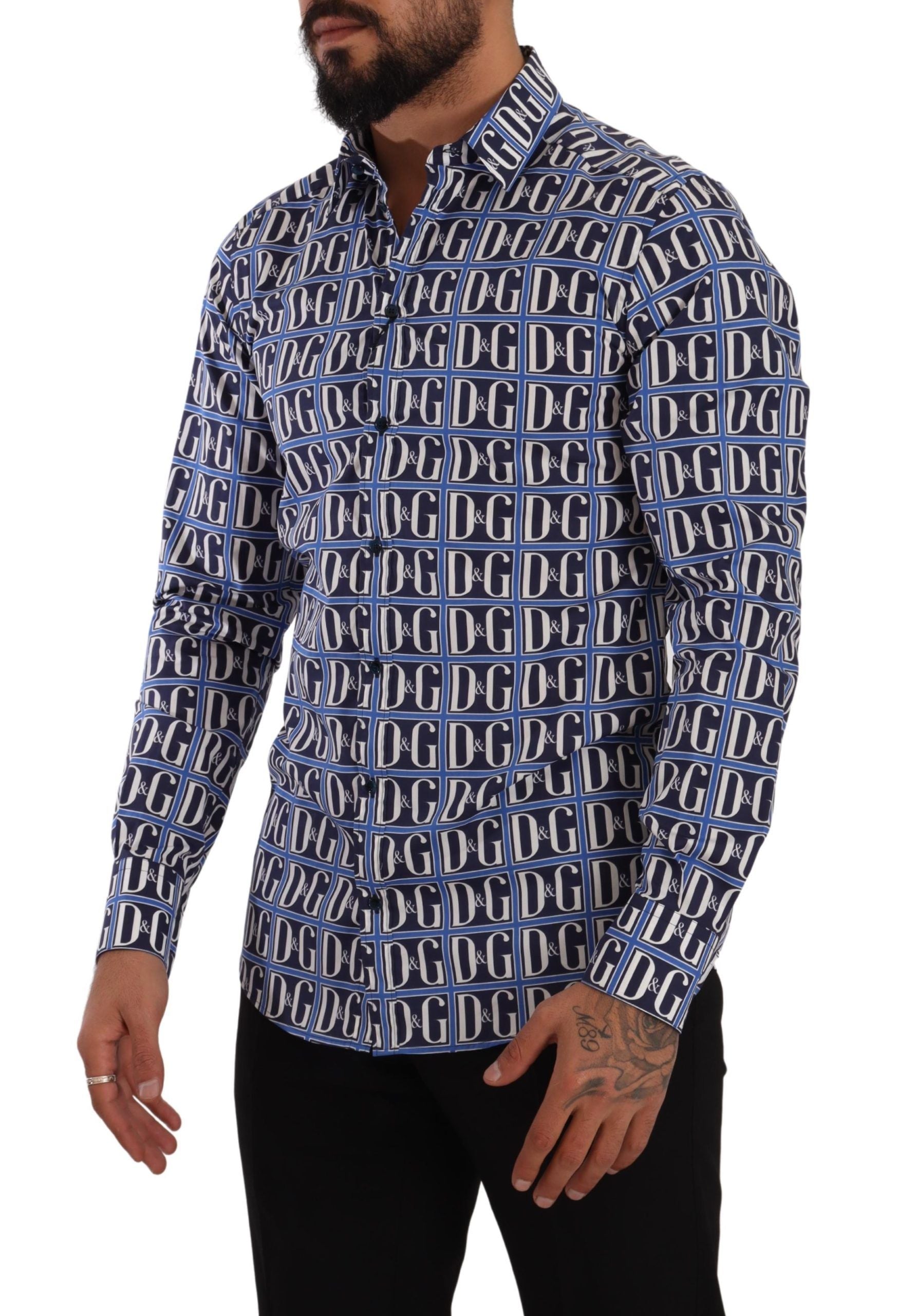 Man wearing long sleeve shirt with blue and white pattern
