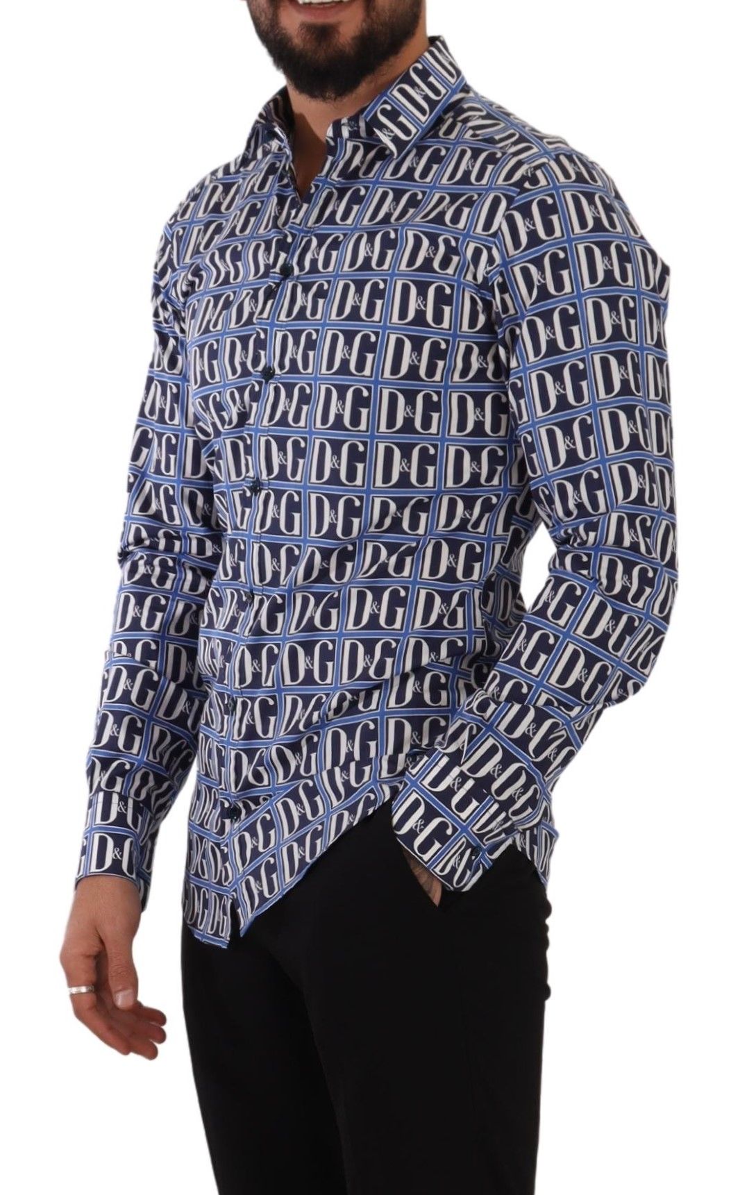 Man wearing a shirt with blue and white pattern