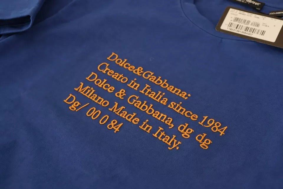 Blue crewneck t-shirt with yellow logo print
