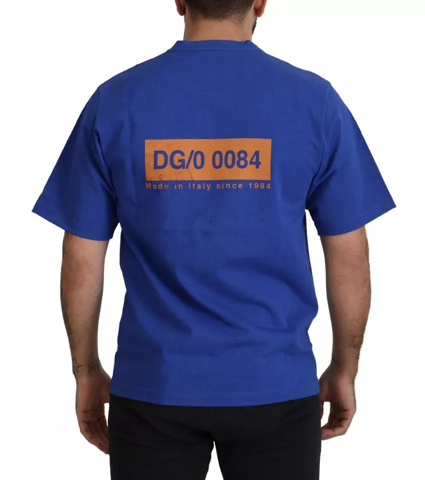 Blue crewneck t-shirt with orange logo print on back