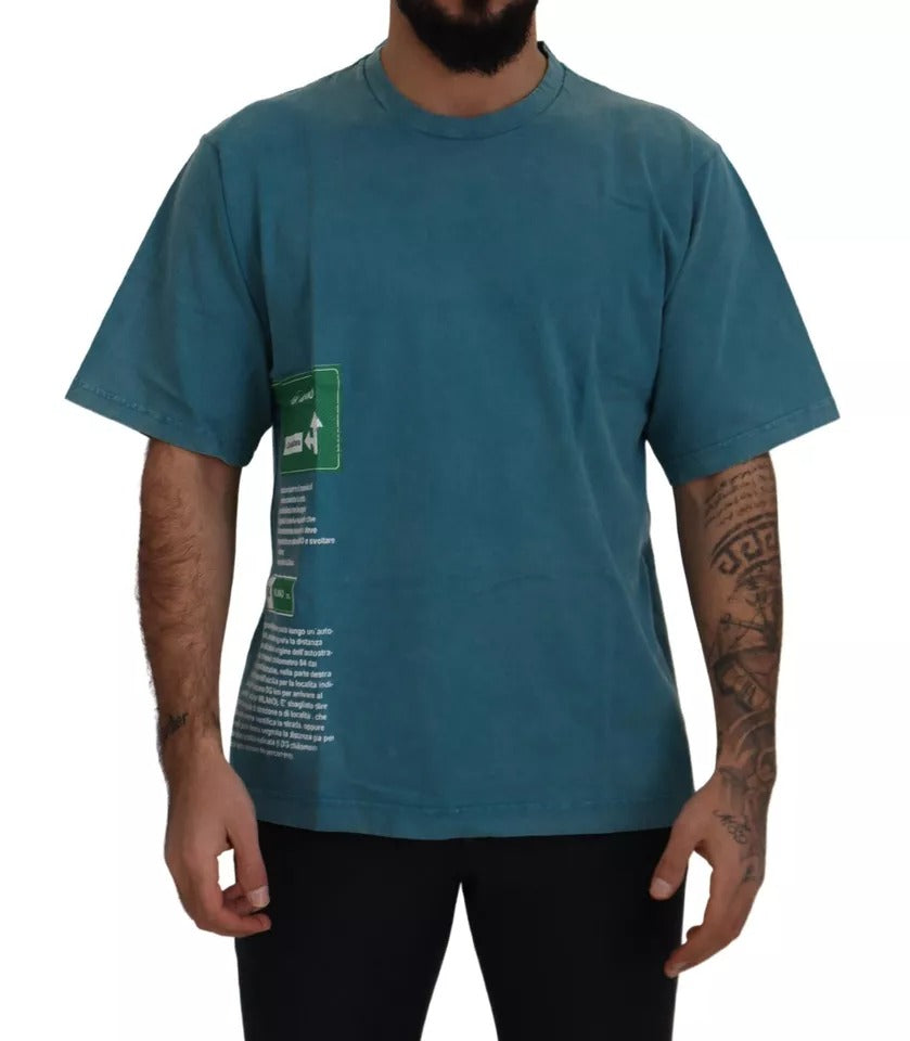 Man wearing blue t-shirt with graphic design on front