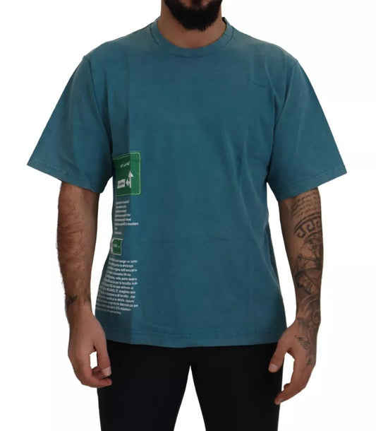 Man wearing blue t-shirt with graphic design on front