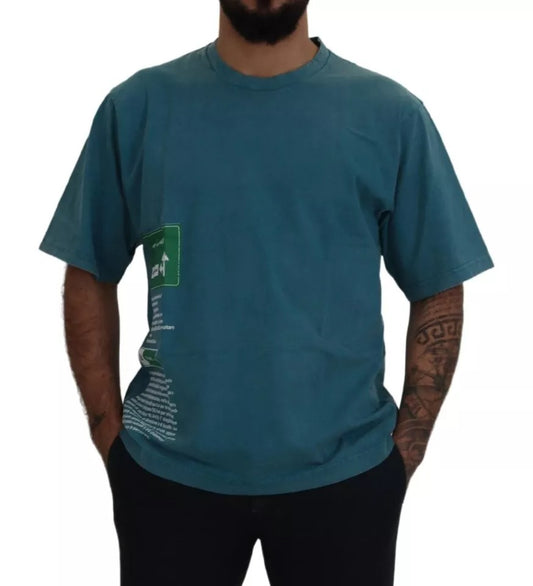Man wearing blue t-shirt with graphic design on front