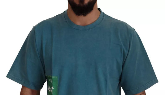Man wearing blue t-shirt