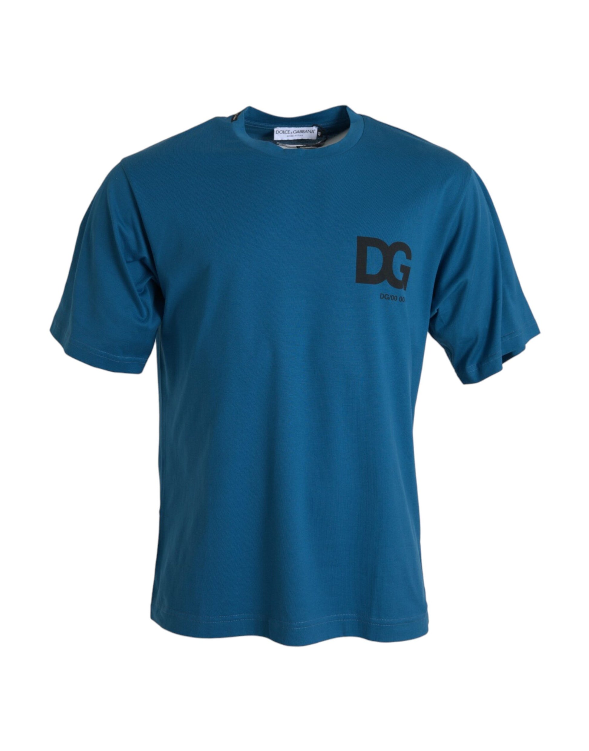 A blue short sleeve t-shirt with a logo on the front
