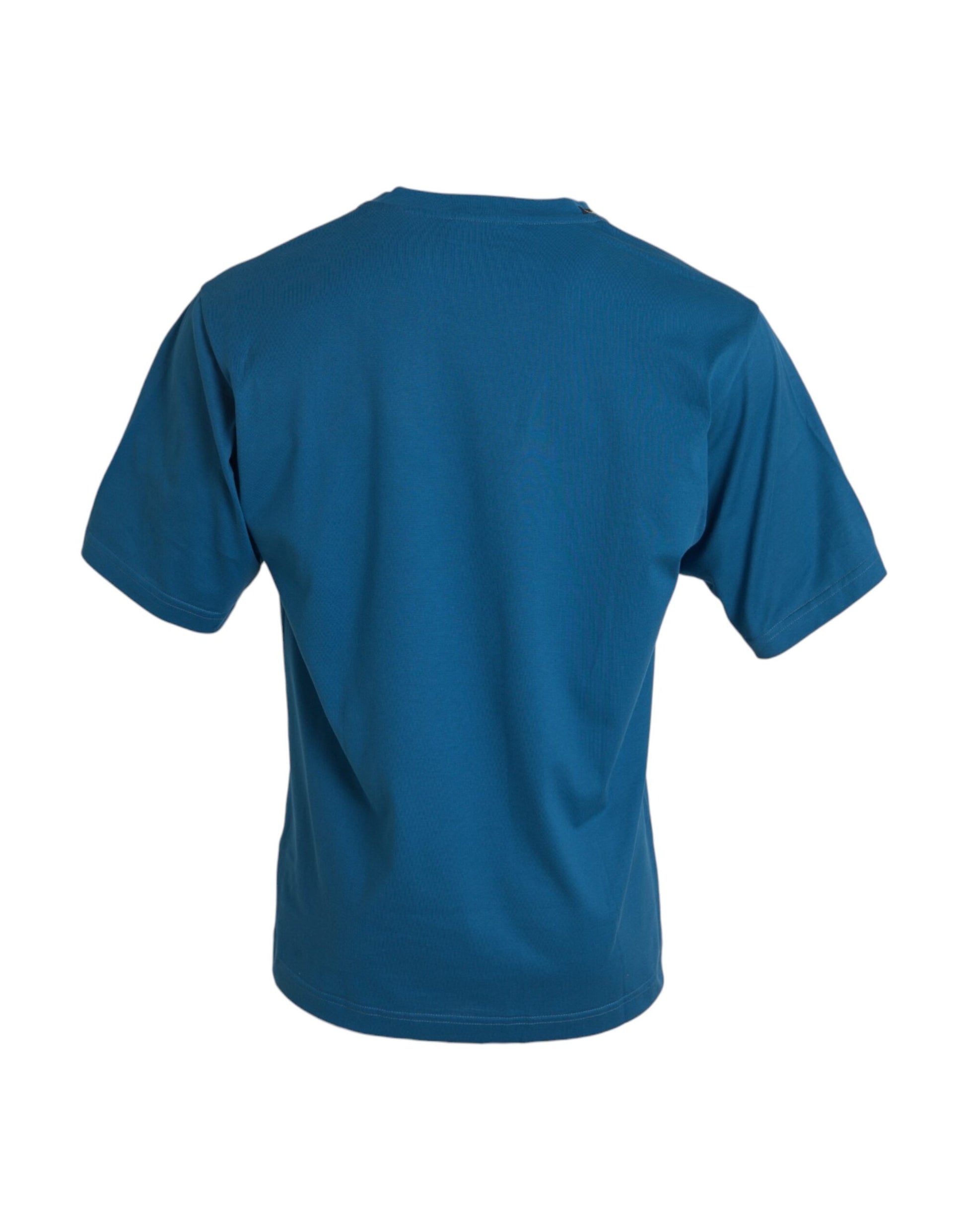 A blue short sleeve t-shirt with a round neckline and logo on the front