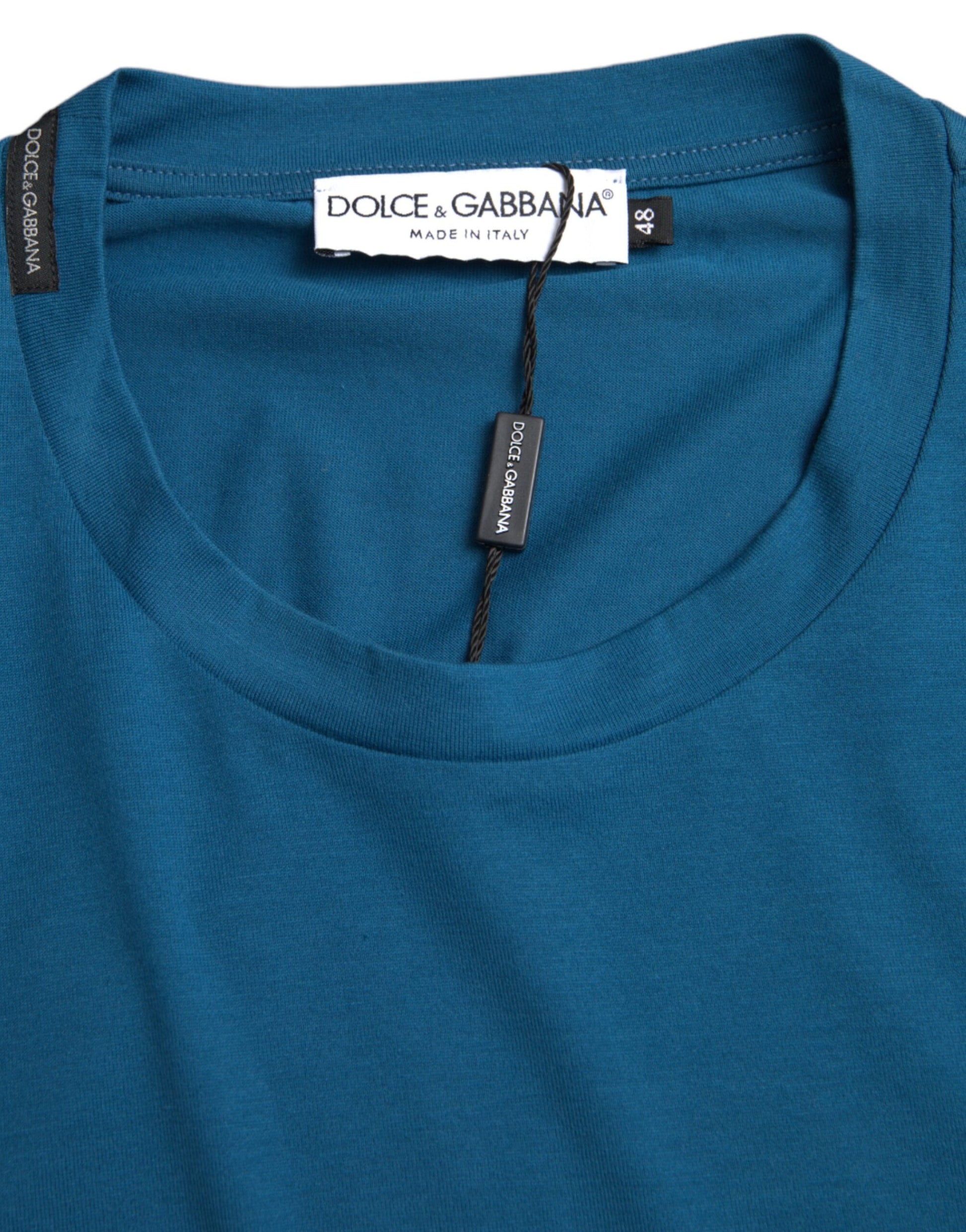 A blue round neck t-shirt with a logo on the front