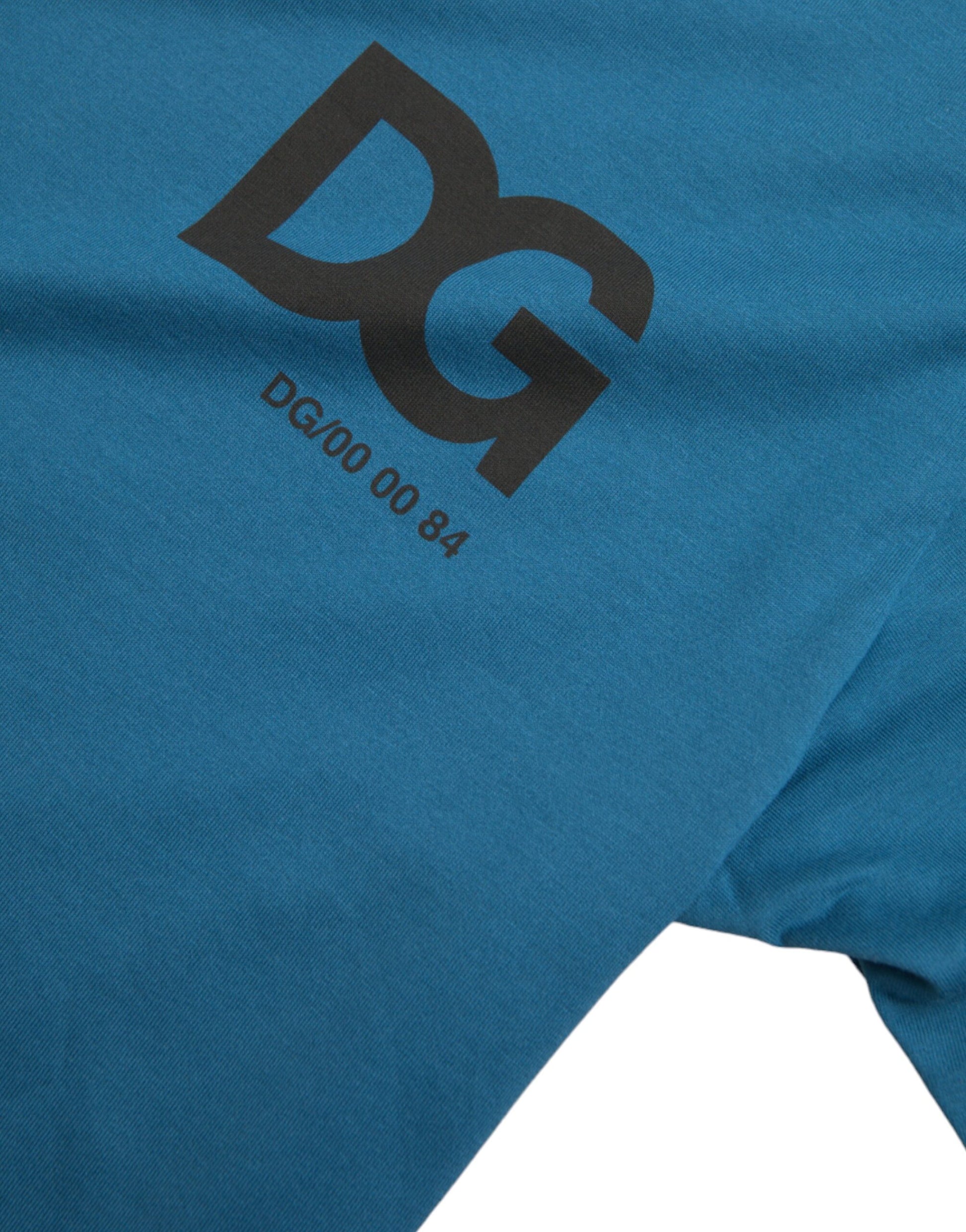 A blue round neck t-shirt with a logo on the front