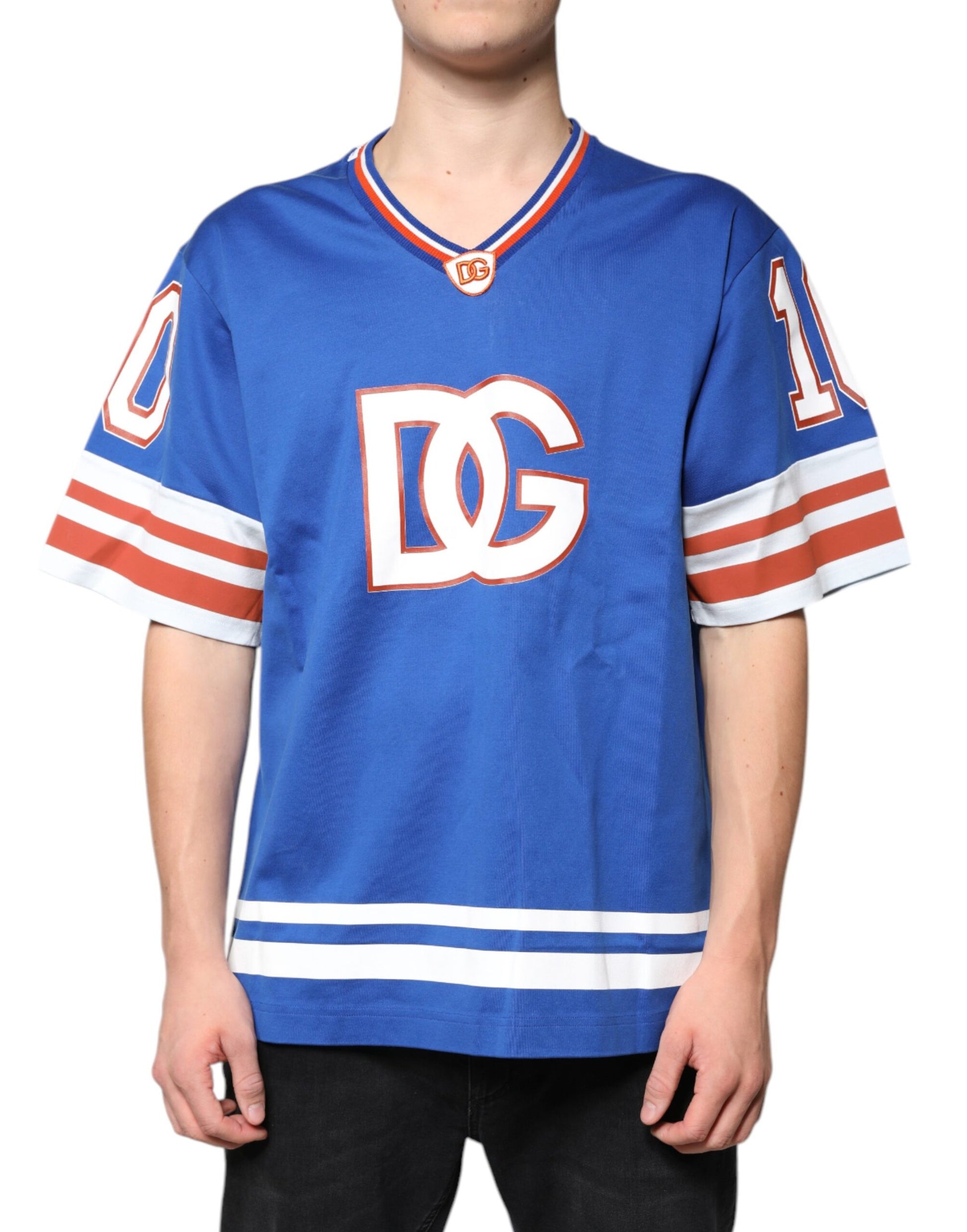Blue jersey with red and white stripes on sleeves