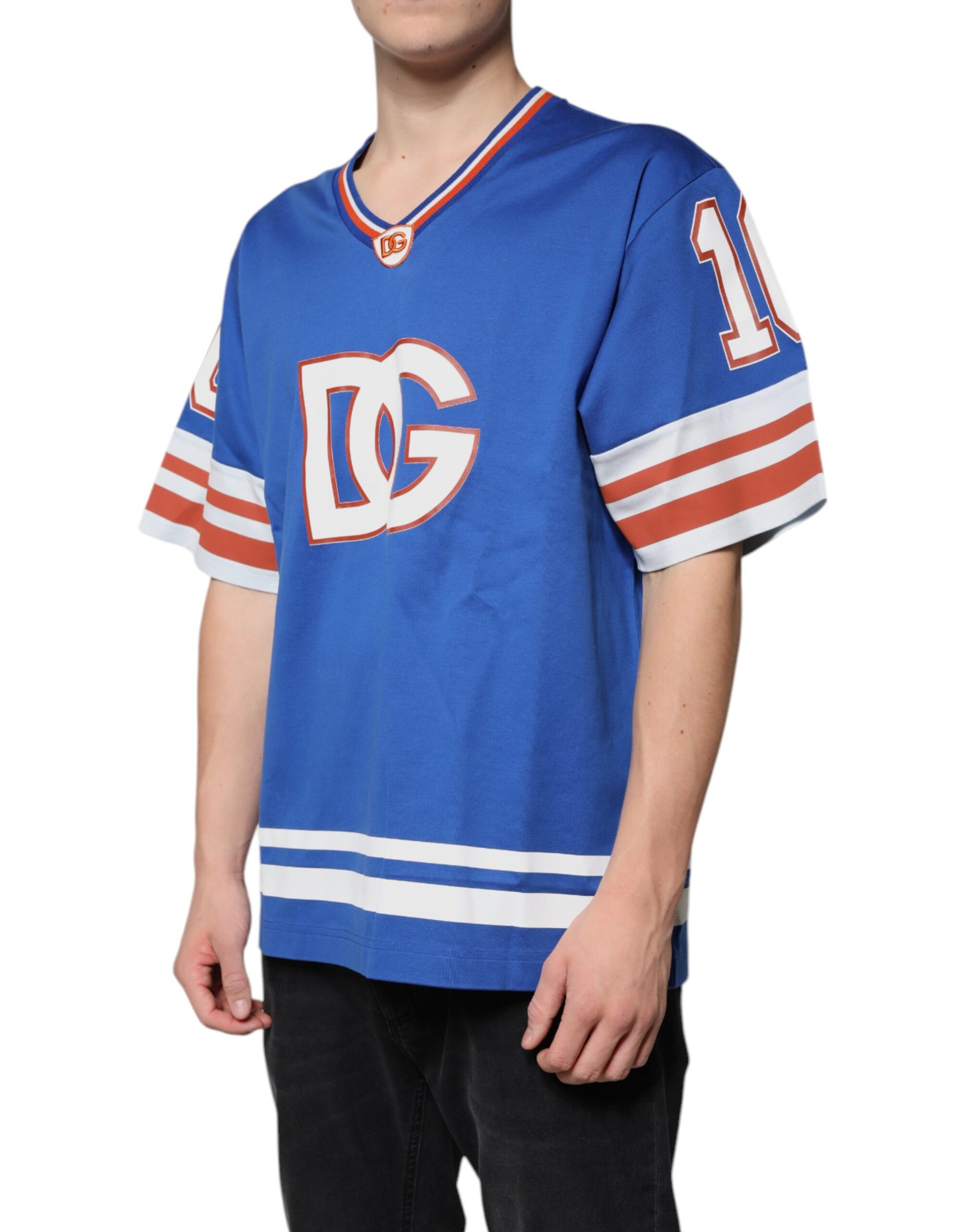 Blue jersey with red and white stripes on sleeves