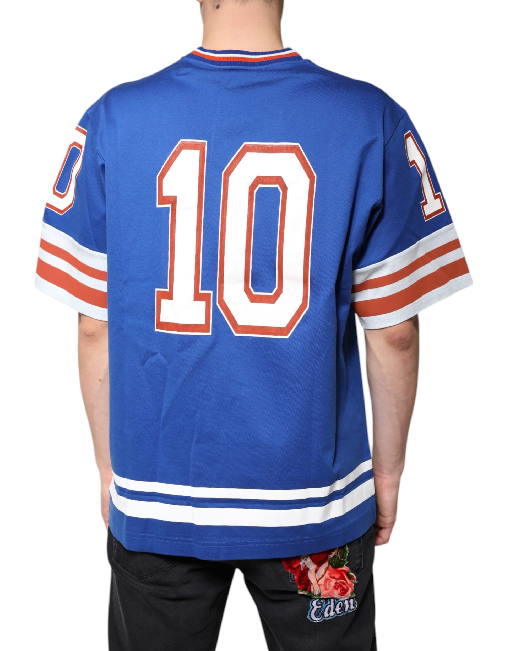 Blue jersey with red number 10 on back
