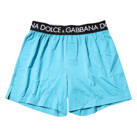 Blue boxer shorts with white logo on waistband