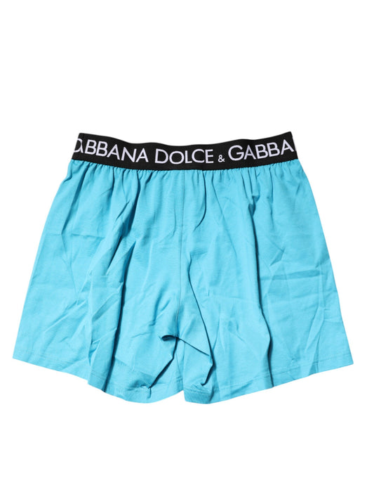 Blue men's boxer shorts with brand name on waistband