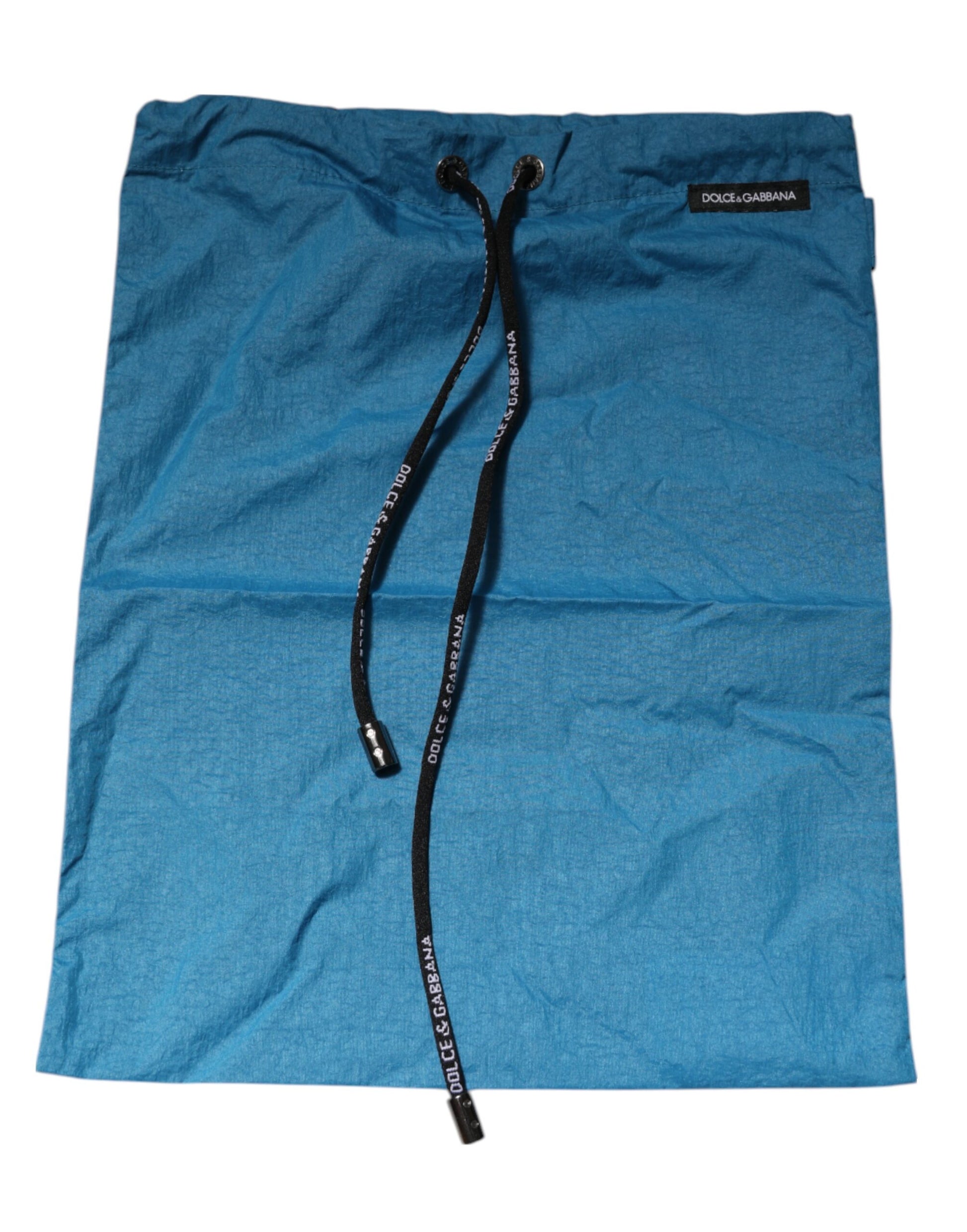 Blue fabric bag with black drawstring