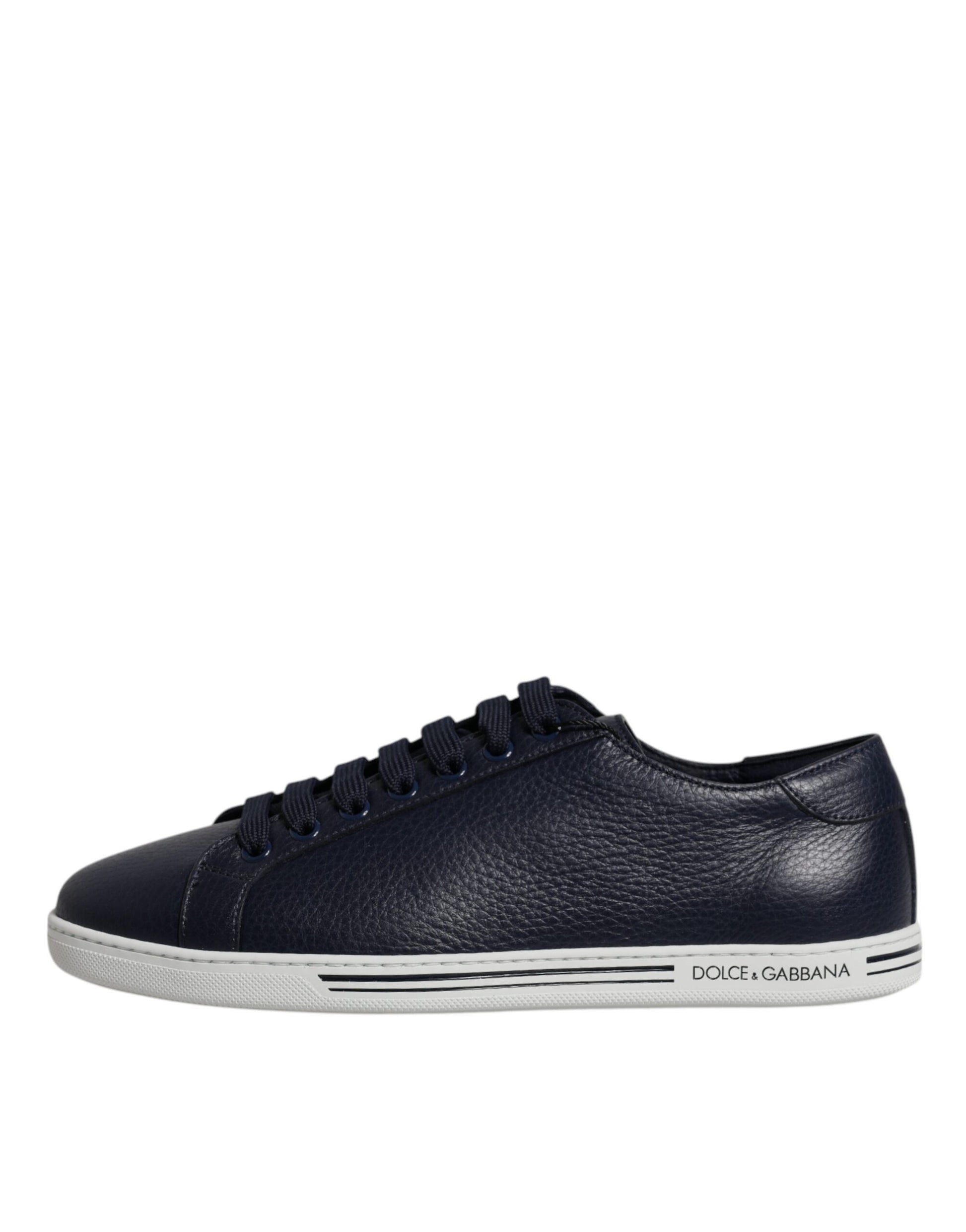 Blue sneaker with white sole and laces