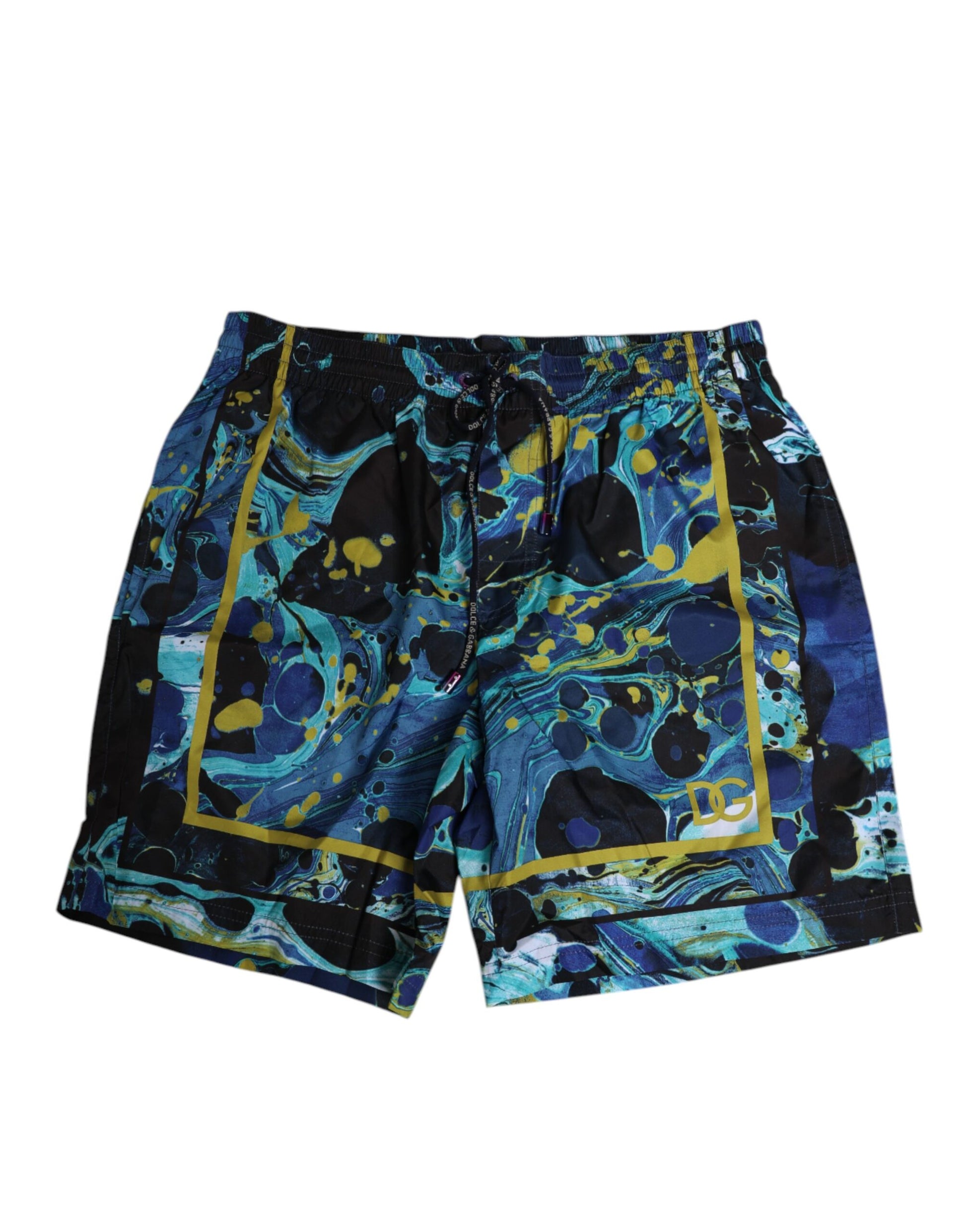Blue swim trunks with yellow trim
