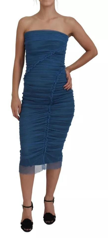 A blue mesh trim ruched tulle sheath dress with a fitted bodice and flared skirt