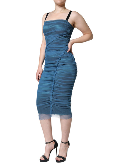 A blue mesh trim ruched tulle sheath dress with black straps