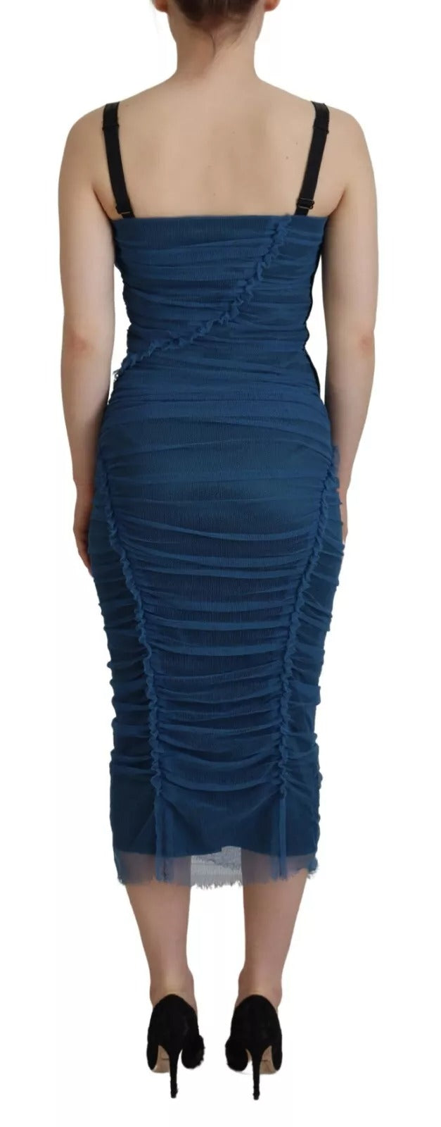 A blue mesh trim ruched tulle sheath dress with a backless design