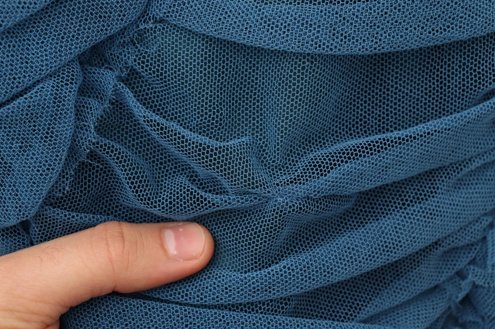 A blue mesh trim ruched tulle sheath dress