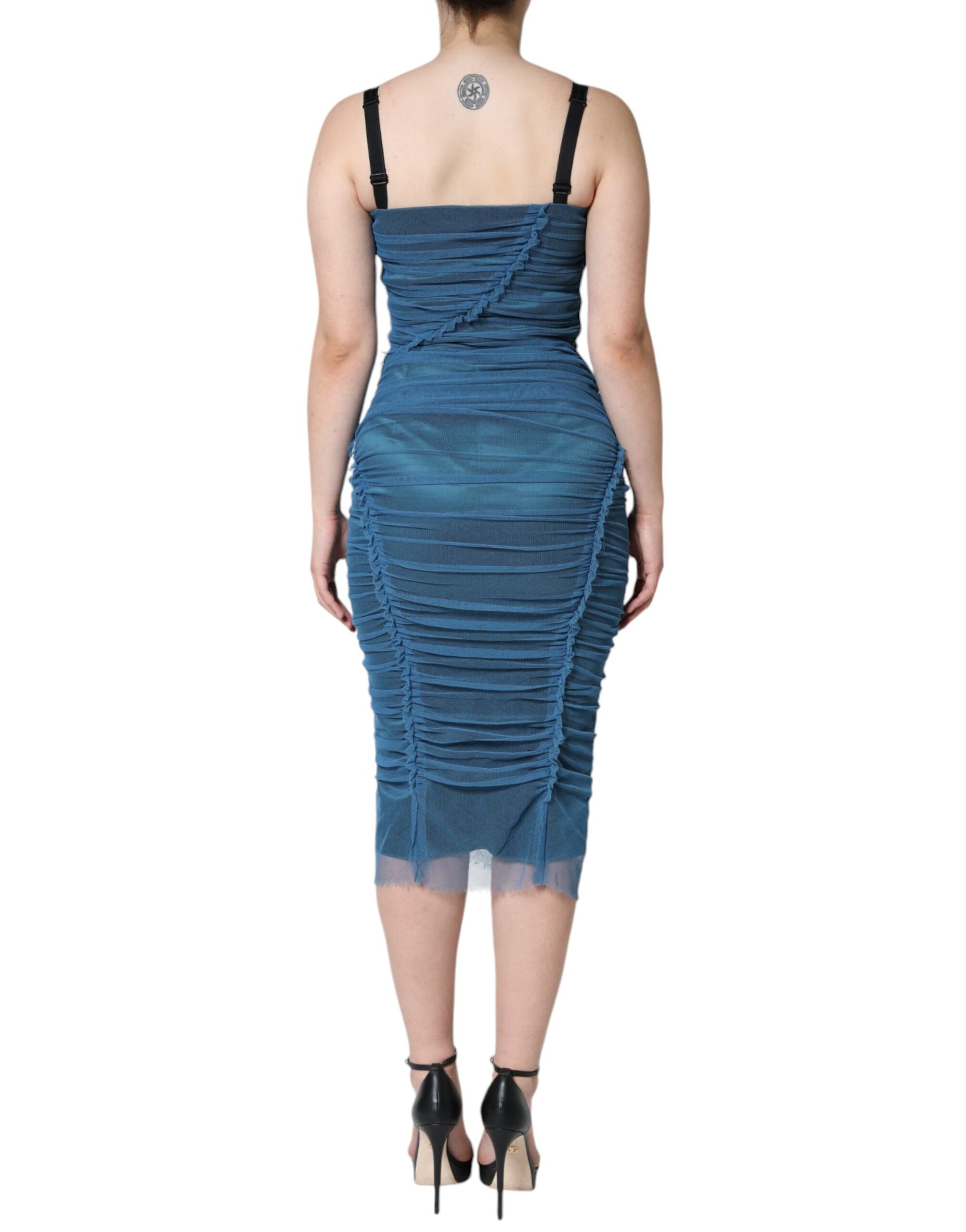 A blue mesh trim ruched tulle sheath dress from Dolce & Gabbana