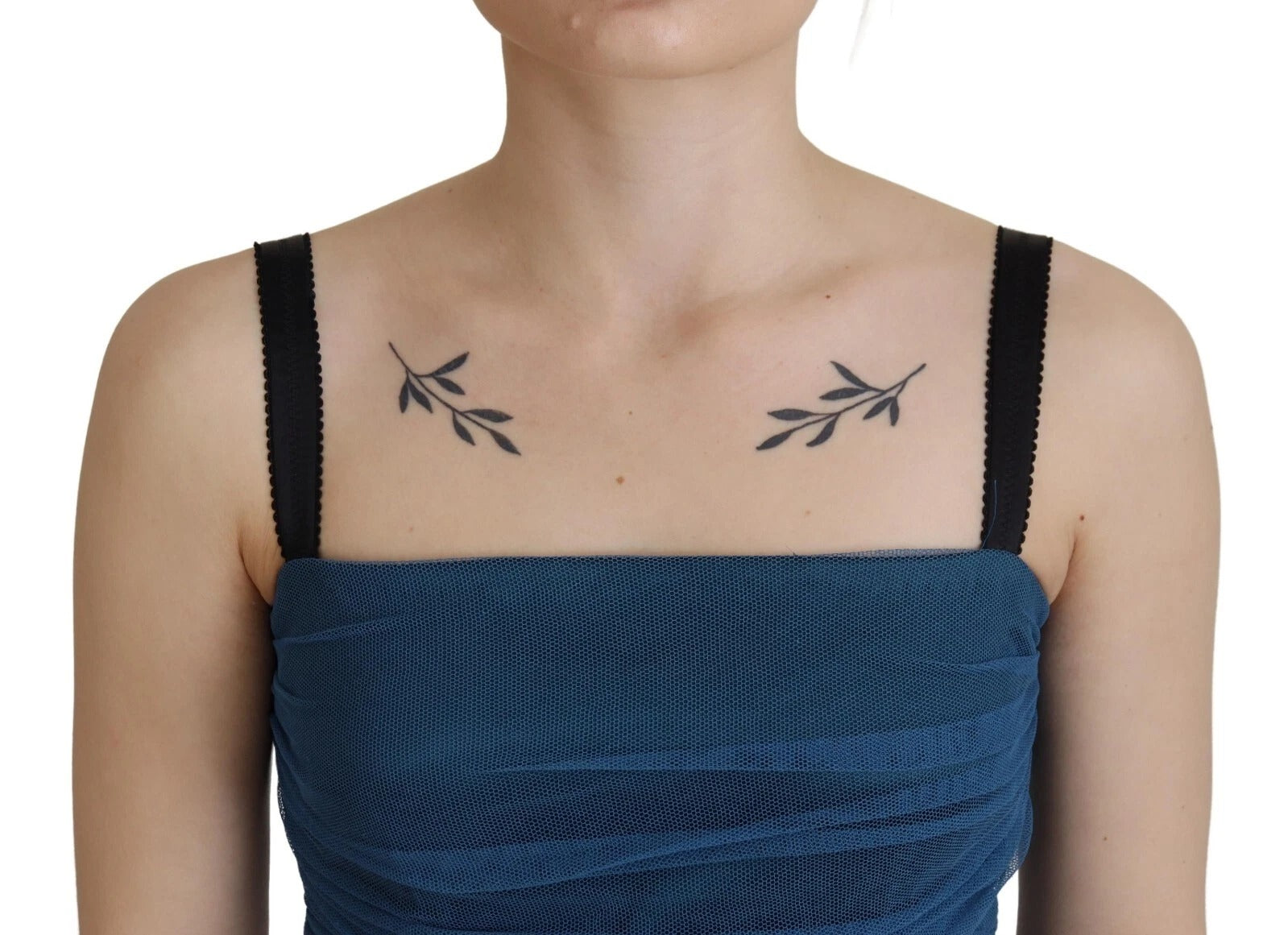 A blue mesh trim ruched tulle sheath dress with a black bra strap