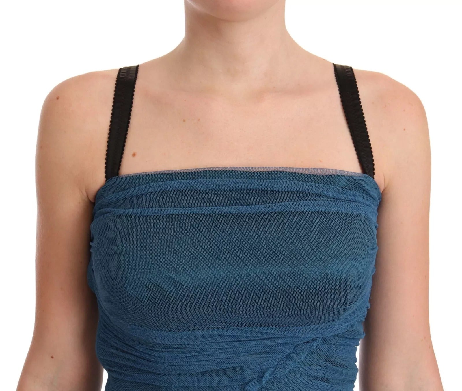 A blue mesh trim ruched tulle sheath dress with a fitted bodice and flared skirt