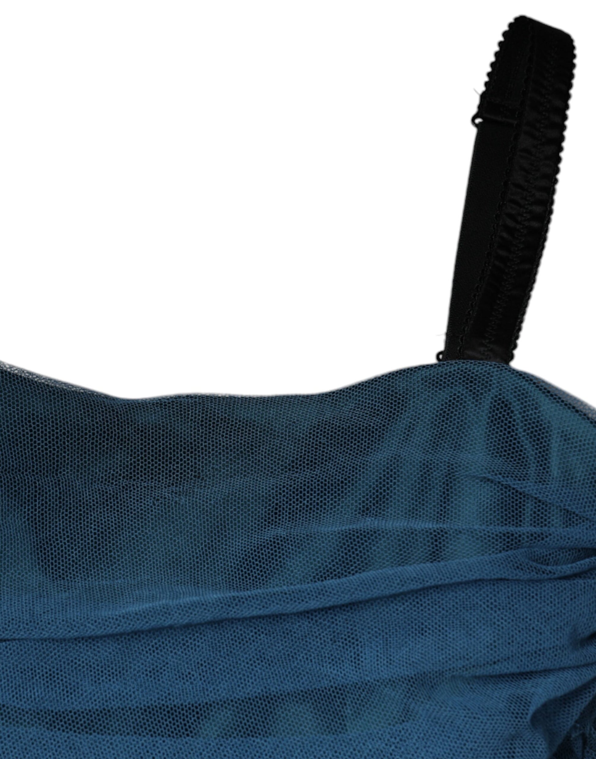 A blue mesh trim ruched tulle sheath dress with a knife in it