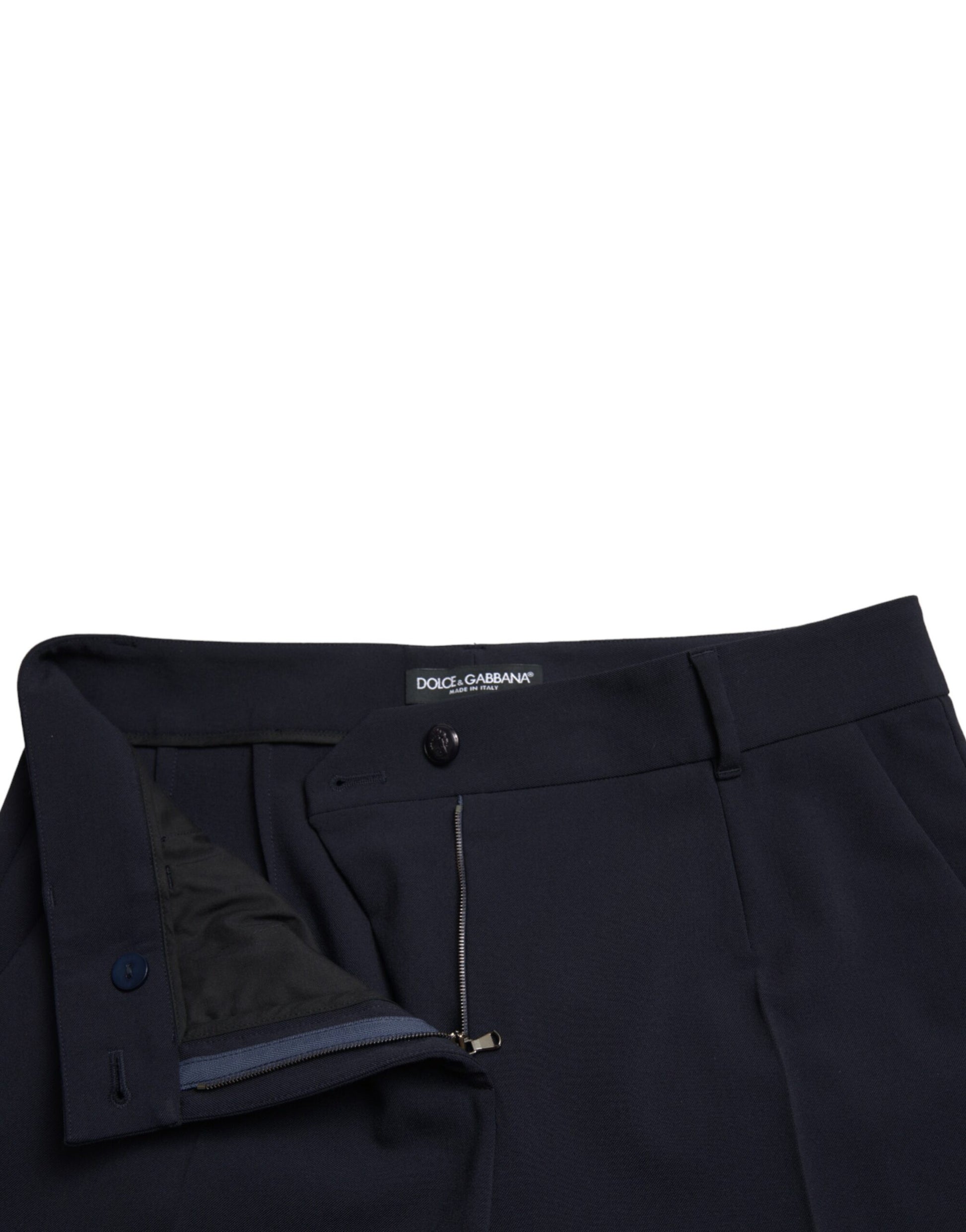 Dark blue suit pants with a zippered front pocket