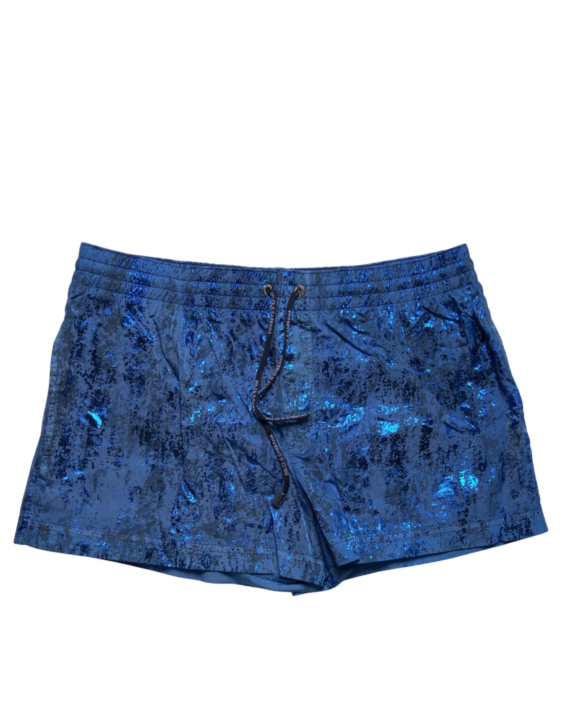 A pair of blue nylon beachwear swim shorts