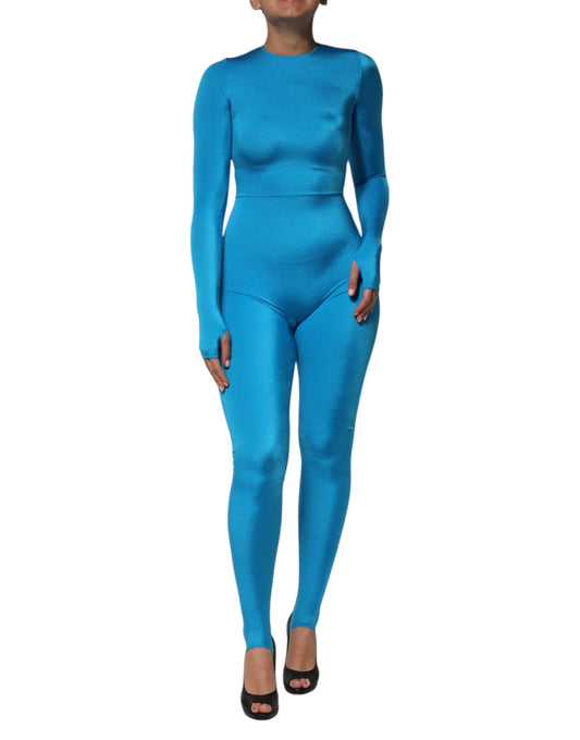 A blue body-hugging jumpsuit dress with a crew neck