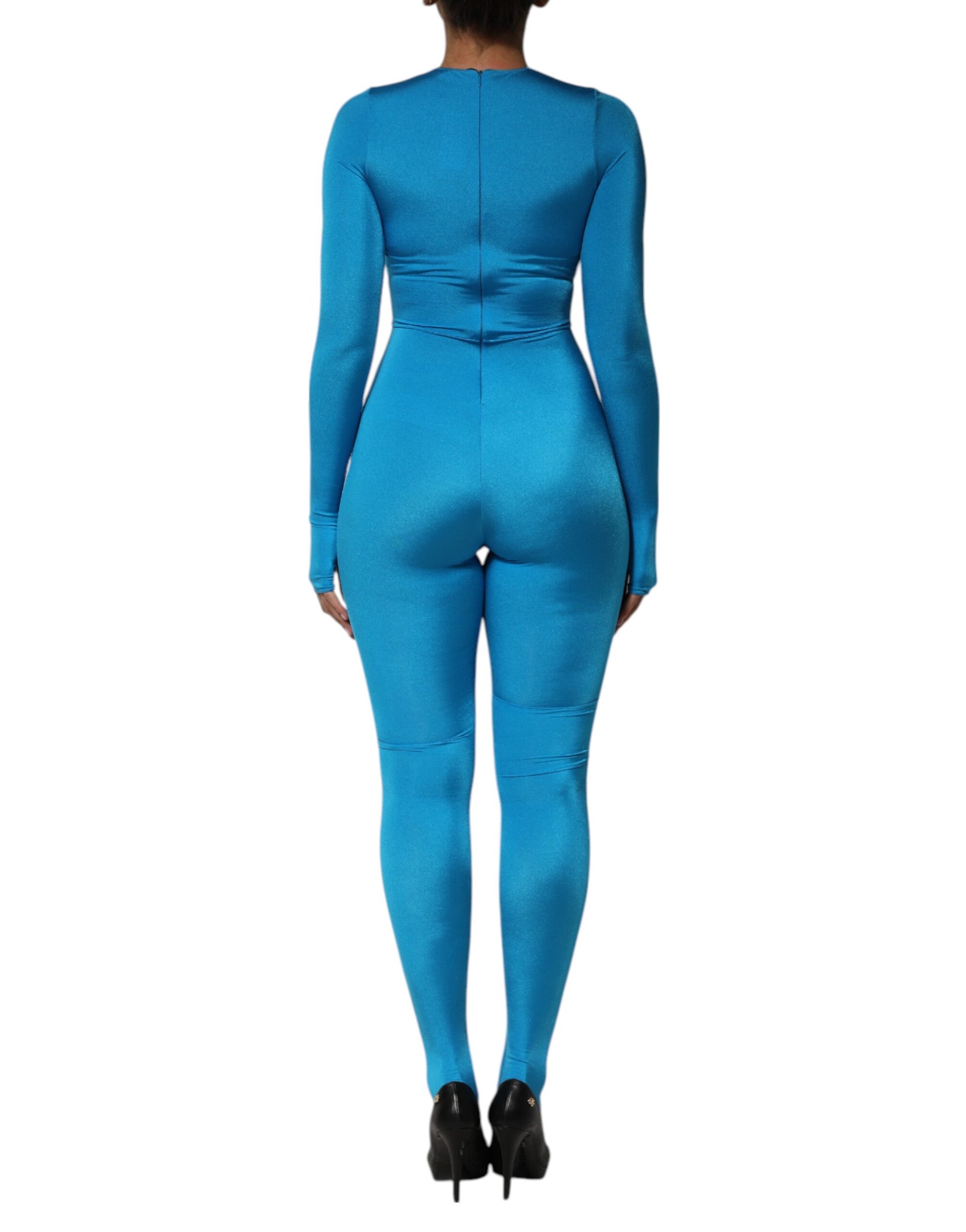 A blue nylon jumpsuit with a crew neck and body-hugging fit