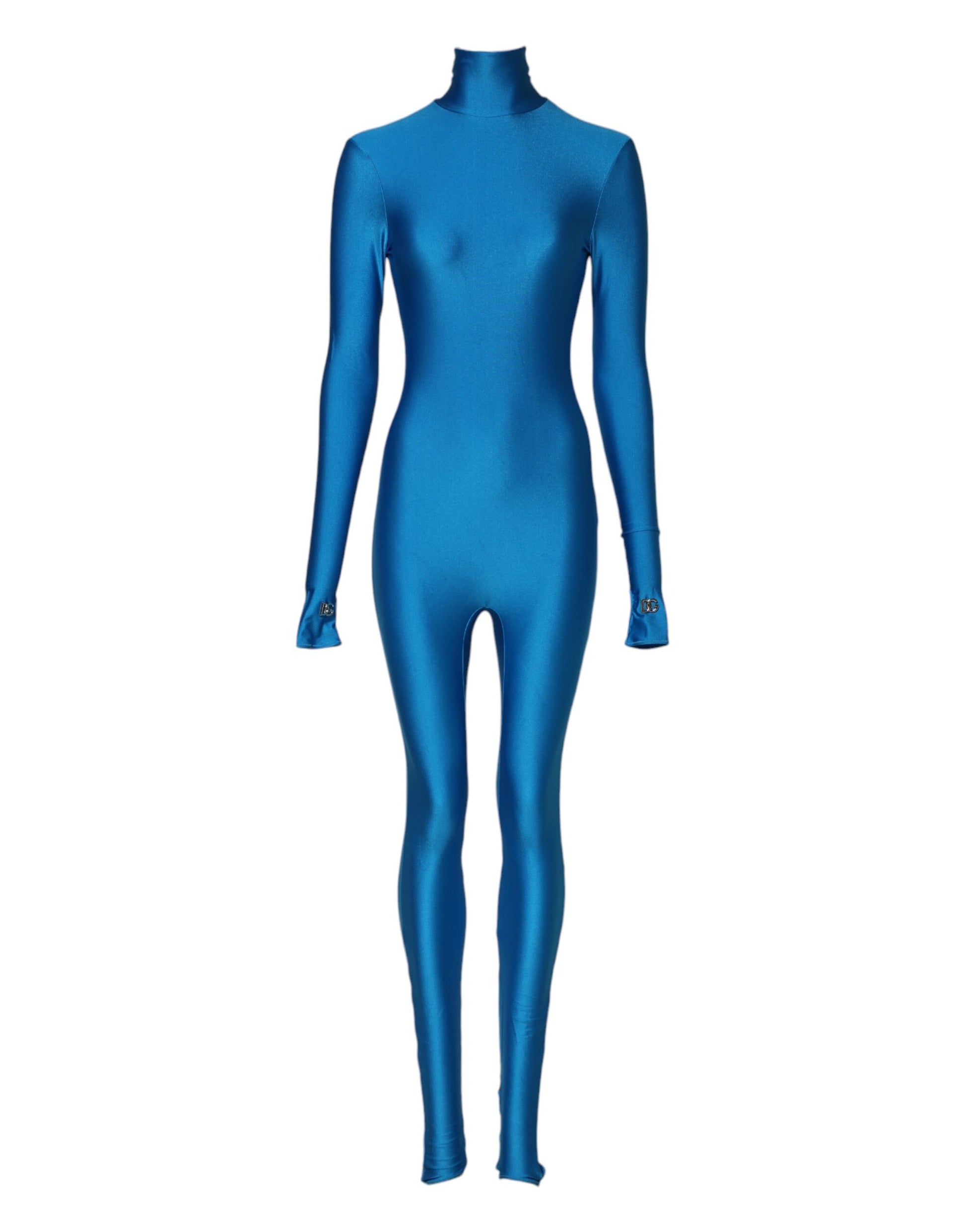 A blue body-hugging jumpsuit dress with a turtleneck