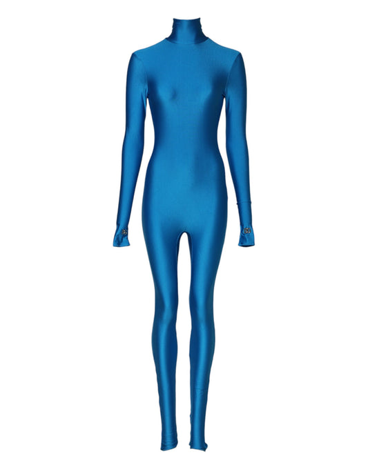 A blue body-hugging jumpsuit dress with a turtleneck