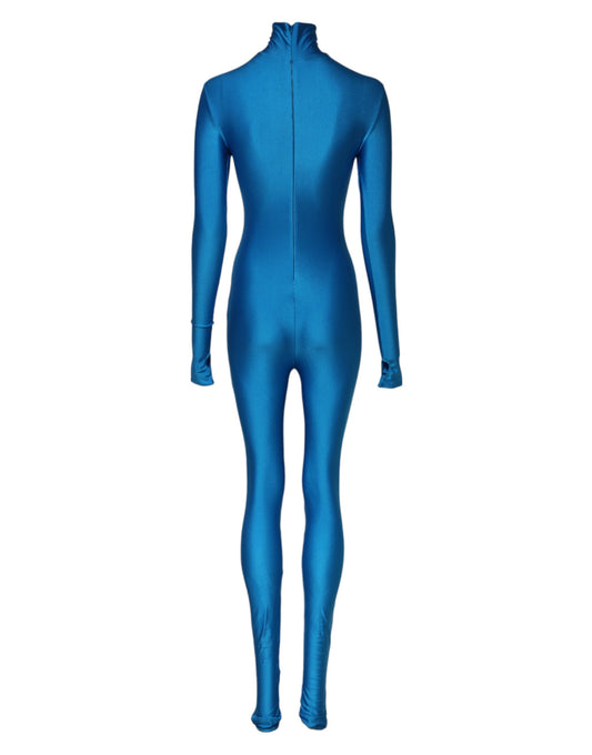 A blue nylon turtleneck bodycon jumpsuit dress