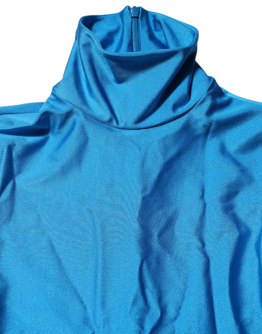 A blue nylon turtleneck jumpsuit dress with a body-hugging fit