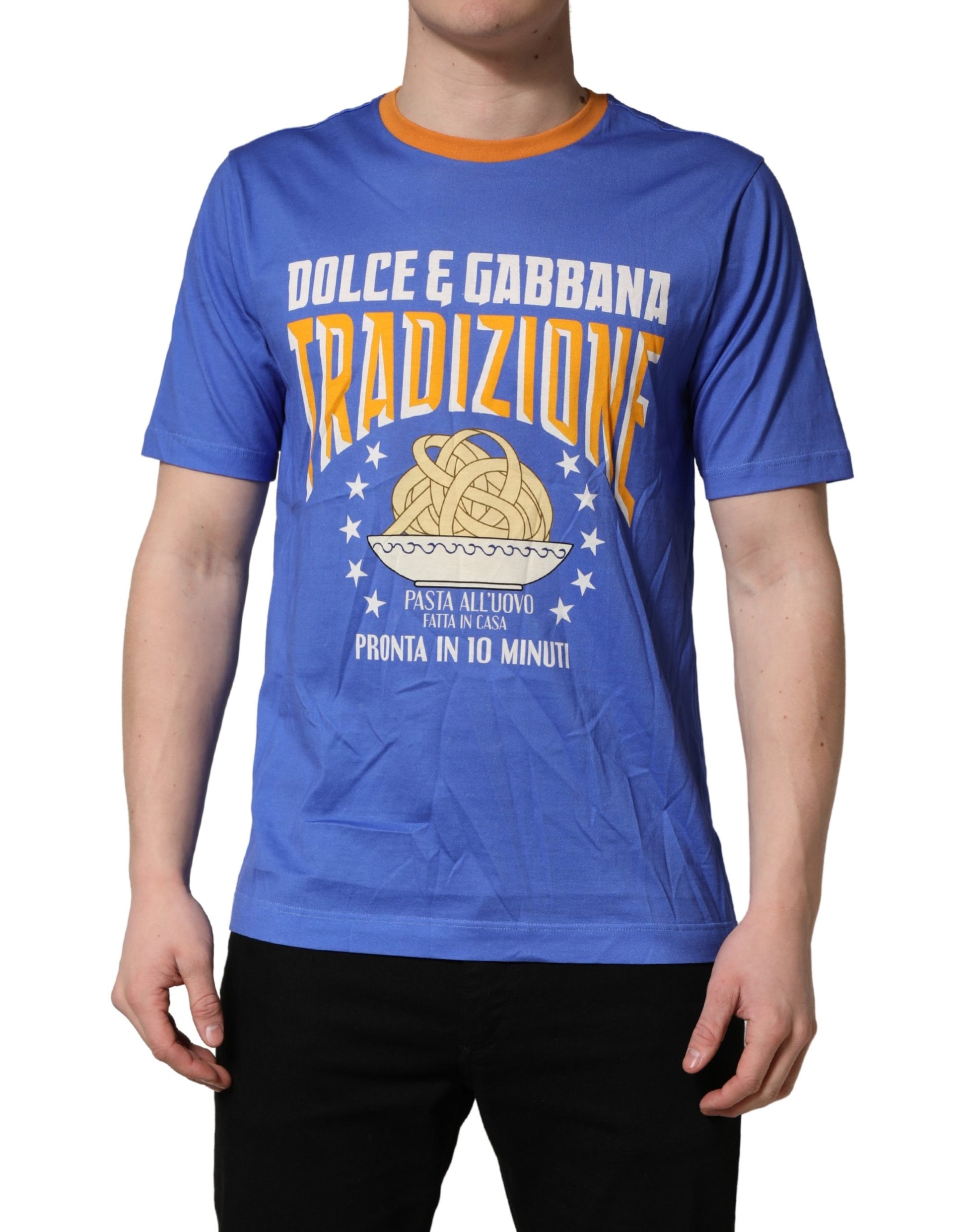 A blue crew neck t-shirt with a graphic print of pasta and text