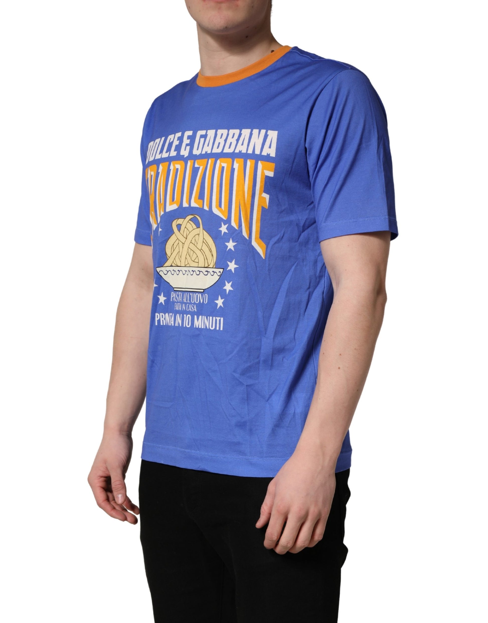 A blue t-shirt with a graphic print of pasta and text