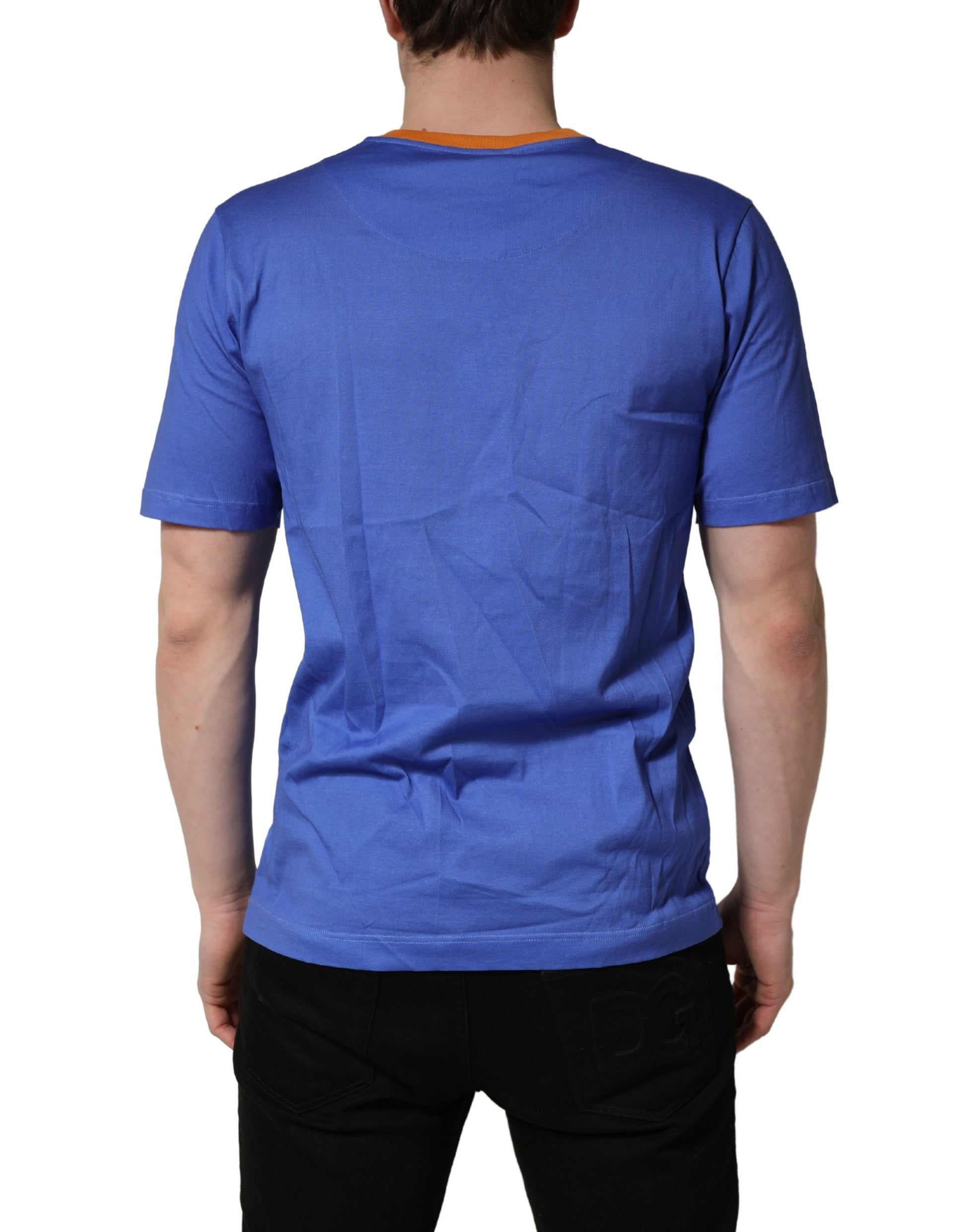 A blue crew neck t-shirt with pasta graphic print