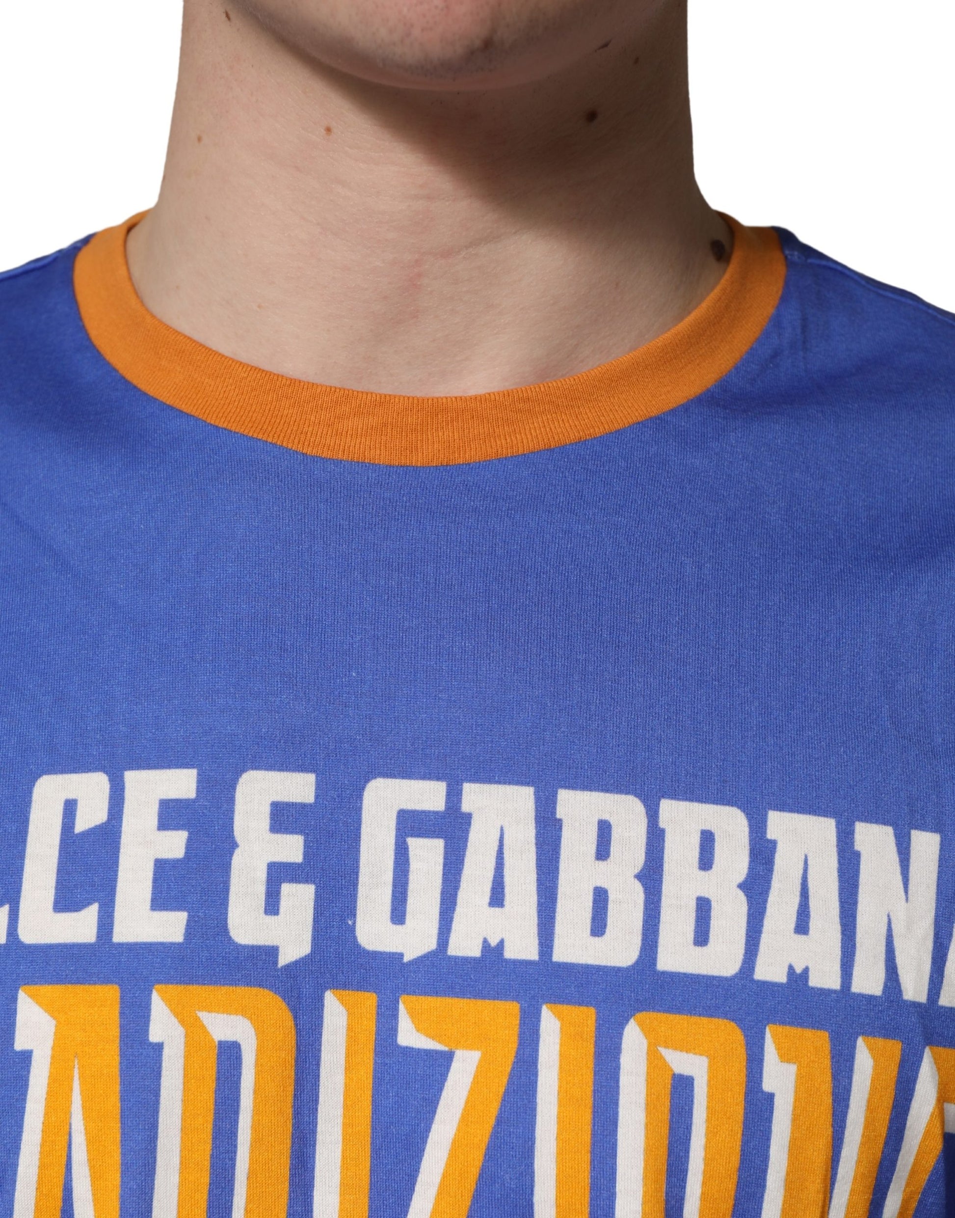 Blue pasta graphic print cotton men's crewneck t-shirt