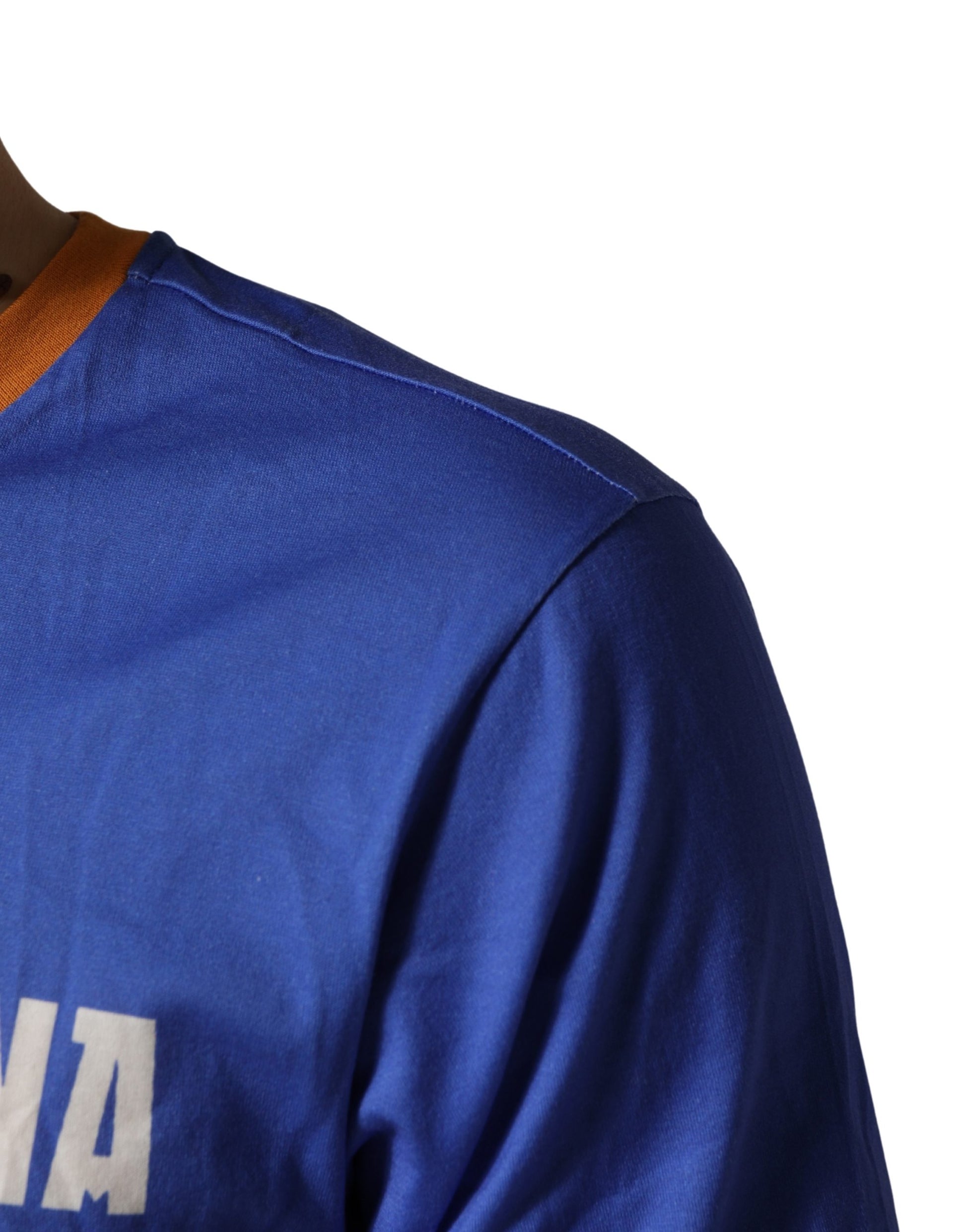 A blue crew neck t-shirt with pasta graphic print