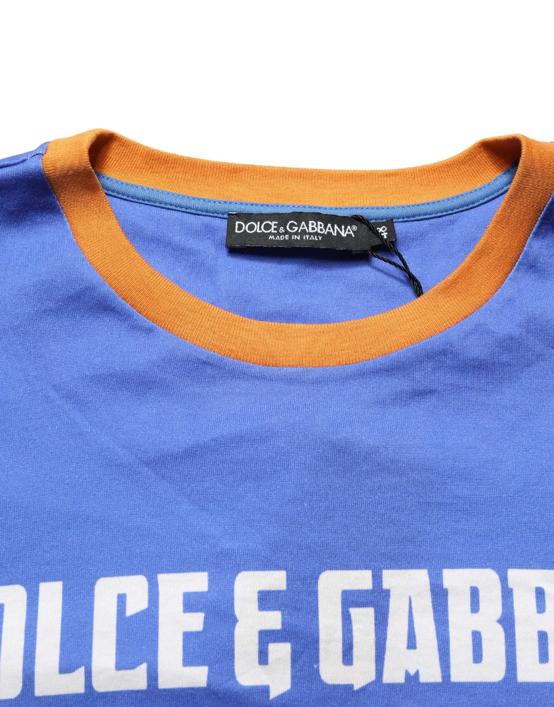 A blue crew neck t-shirt with a pasta graphic print