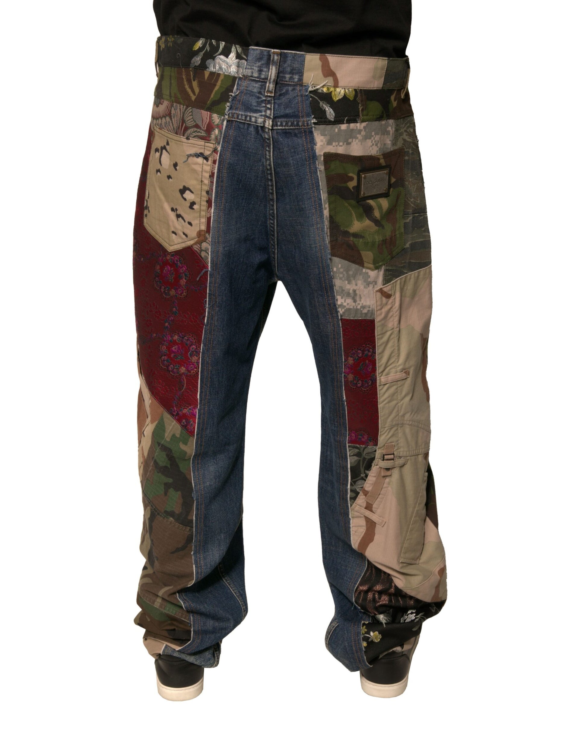 Camouflage patterned jeans with patches on legs